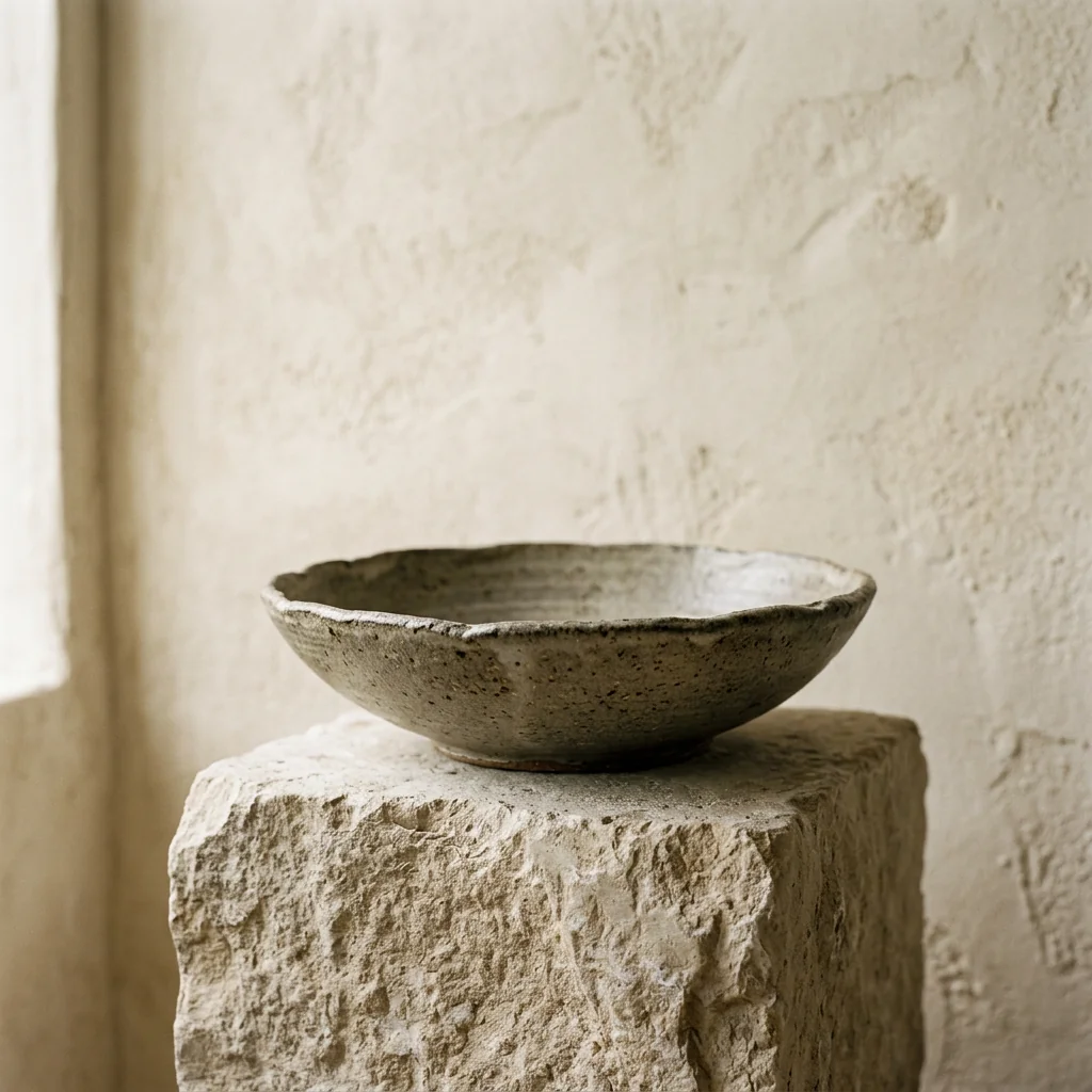 Illustrative ALDER concept: a handmade stoneware bowl on a limestone block